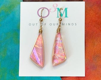 Bermuda ~ Elegant Dichroic Glass Triangle Dangle Earrings in Coral with Flashes of Gold