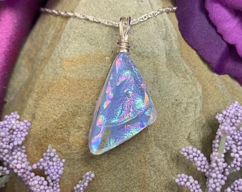 Provence ~ Gorgeous Dichroic Glass Triangle Pendant in Lavender with Flashes of  Rainbow Colors