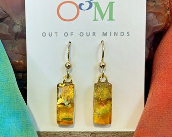 Rio ~ Dichroic Rectangle Drop Earrings with Flashes of Gold & Copper