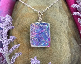 Provence ~ Beautiful Rectangle Dichroic Glass Pendant in Shades of Lavender with Rainbow Flashes