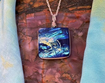 Capri ~ Artistic Square Dichroic Glass Pendant in Blues with Strokes of Cyan and Silver