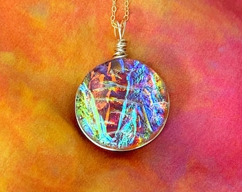Sedona ~ Artistic Dichroic Glass Circle Pendant in Warm Orange-Red and Gold with Rainbow Flashes