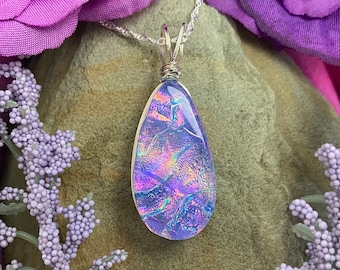 Provence ~ Beautiful Dichroic Glass Teardrop Pendant in Lavender with Flashes of Pink