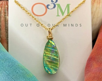 Kauai ~ Dichroic Glass Teardrop Pendant in Green with Flashes of Gold