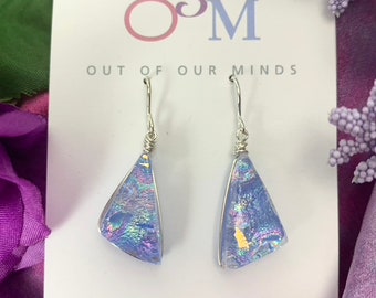 Provence ~ Delicate Dichroic Glass Triangle Dangle Earrings in Pale Shades of Lavender and Blue with Rainbow Sparkles