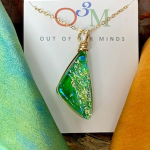 Kauai Dichroic Glass Triangle Pendant in Green with Flashes of Gold image 1