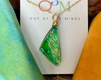 Kauai ~ Dichroic Glass Triangle Pendant in Green with Flashes of Gold