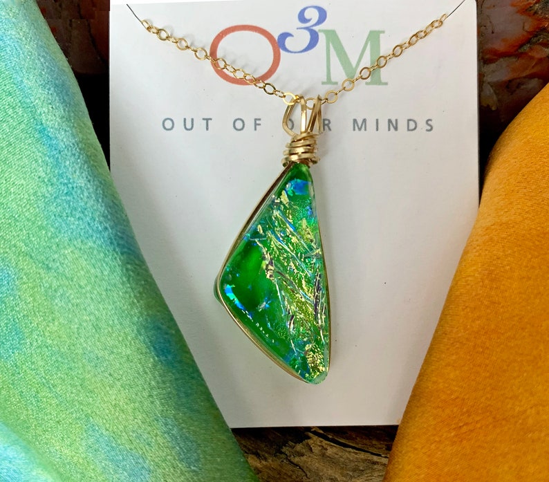 Kauai Dichroic Glass Triangle Pendant in Green with Flashes of Gold image 1