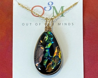 Yosemite ~ Dichroic Glass Teardrop Pendant in Bronze, Green and Gold on Black Background