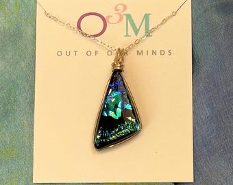 Laguna ~ Arty Dichroic Glass Triangle Pendant in Deep Blues and Black