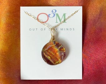 Sedona ~ Dichroic Glass Circle Pendant with Strokes of Copper and Gold on Warm Rust