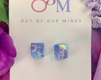 Provence ~ Beautiful Dichroic Glass Square Stud Earrings in Lavender with Rainbow Colored Accents