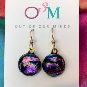Skye Dichroic Circle Drop Earrings in Purple and Pink with Flashes of Gold image 3