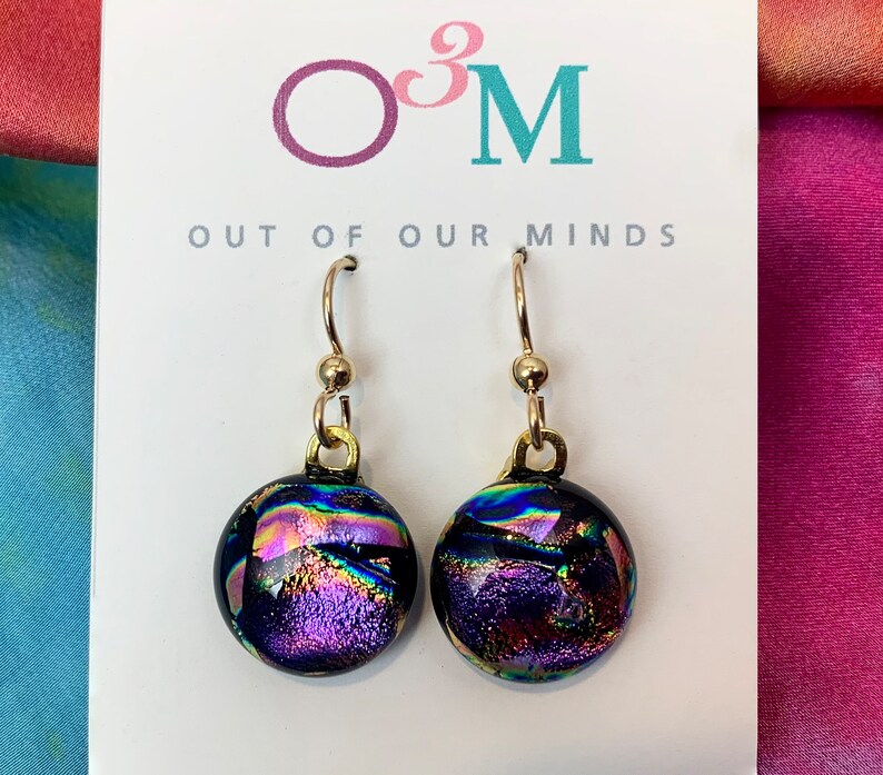 Skye Dichroic Circle Drop Earrings in Purple and Pink with Flashes of Gold image 3