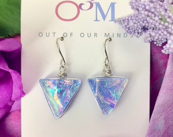 Provence ~ Gorgeous Dichroic Glass Triangle Earrings in Pale Lavender and Blue with Sparkles of Silver and Gold