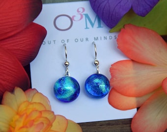 Capri ~ Dichroic Circle Drop Earrings in Blue, Turquoise and Flashes of Light Aqua