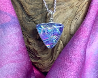 Provence ~ Lovely Dichroic Glass Small Triangle Pendant in Lavender with Flashes of Rainbow Colors