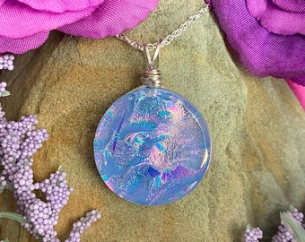 Provence ~ Beautiful Dichroic Glass Circle Pendant in Shades of Lavender and Blue with Rainbow Flashes