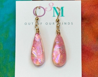 Bermuda ~ Gorgeous Dichroic Glass Teardrop Dangle Earrings in Coral with Flashes of Gold and Magenta