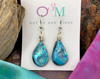 Monterey ~ Dichroic Glass Teardrop Dangle Earrings with Flashes of Light Cyan