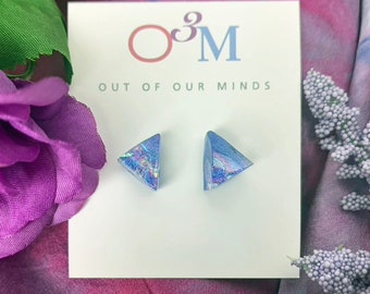 Provence ~ Lovely Dichroic Glass Triangle Stud Earrings in Lavender with Rainbow Flashes