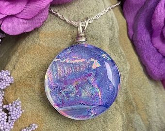 Provence ~ Gorgeous Dichroic Glass Circle Pendant in Shades of Lavender with Rainbow Accents