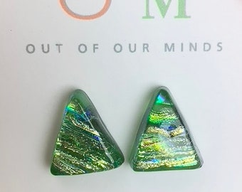 Kauai - Dichroic Glass Triangle Shaped Studs with Flashes of Gold & Soft Green