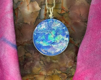 Provence ~ Beautiful Lavender Dichroic Glass Circle Pendant with Cyan and Silver Accents