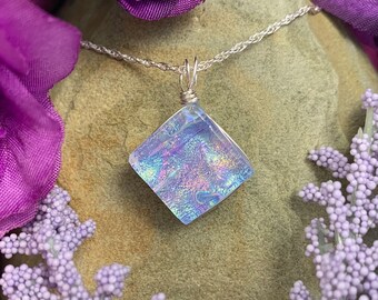 Provence ~ Unique Dichroic Glass Diamond Shaped Pendant in Shades of Pale Lavender and Blue