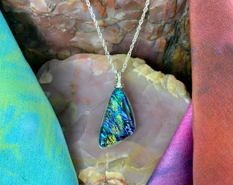 Laguana ~ Dichroic Glass Triangle Shaped Pendant with Flashes of Green, Blue & Gold