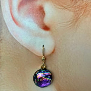 Skye Dichroic Circle Drop Earrings in Purple and Pink with Flashes of Gold image 4