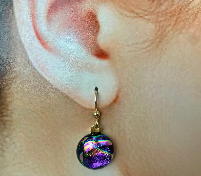 Skye Dichroic Circle Drop Earrings in Purple and Pink with Flashes of Gold image 4