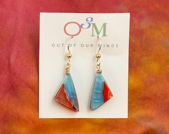 Moab ~ Artistic Dichroic Glass Triangle Earrings in Silver Blue and Red-Orange