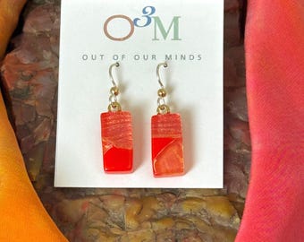 Moab ~ Dichroic Glass Drop Rectangle Earrings in Rich Orange and Gold