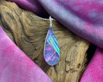 Provence ~ Elegant Dichroic Glass Teardrop Pendant in Shades of Lavender with Flashes of Turquoise