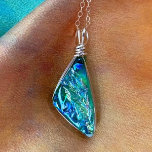 Kauai Dichroic Glass Triangle Pendant in Green with Flashes of Gold image 4