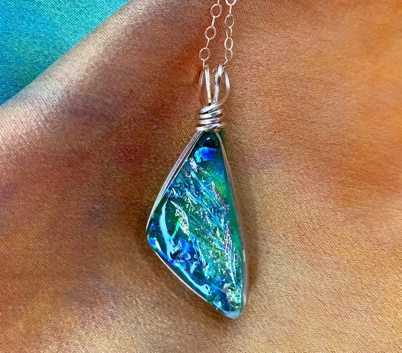 Kauai Dichroic Glass Triangle Pendant in Green with Flashes of Gold image 4