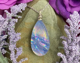 Provence ~ Exquisite Dichric Glass Teardrop Pendant in Shades of Pale Lavender with Soft Rainbow Glimmers