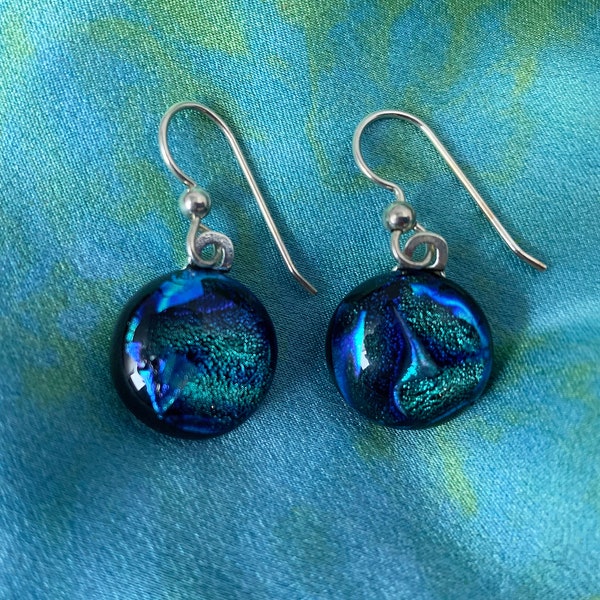 Laguna ~ Dichroic Glass Circle Drop Earrings with Flashes of Cyan & Deep Blue