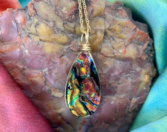 Yosemite ~ DIchroic Glass Large Teardrop Pendant In Warm Earth Tones