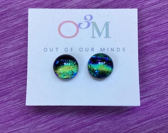Yosemite ~ Dichroic Glass Round Studs in Shades of Green and Blue