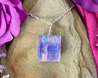 Provence ~ Lovely Dichroic Glass Rectangle Pendant in Lavender with Glittering Rainbow Accents
