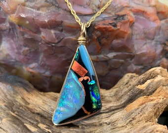 Moab ~ Large Dichroic Glass Pendant in Turquoise, Black and Orange