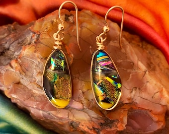 Yosemite ~ DIchroic Glass Large Rounded Teardrop Dangle Earrings with Flashes of Deep Red, Copper, Gold & Turquoise