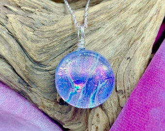 Provence ~ Gorgeous Dichroic Glass Circle Pendant in Shades of Pale Lavender with Flashes of Rainbow Colors