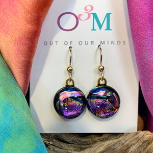 Skye Dichroic Circle Drop Earrings in Purple and Pink with Flashes of Gold image 2