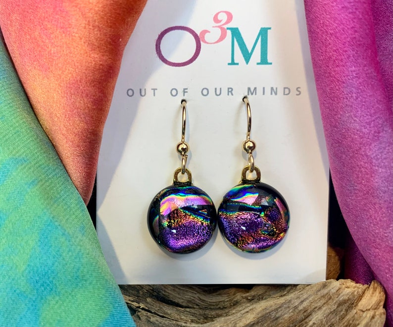 Skye Dichroic Circle Drop Earrings in Purple and Pink with Flashes of Gold image 2