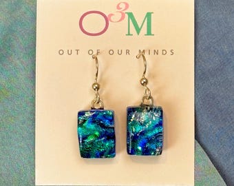 Laguna ~ Amazing Dichroic Glass Rectangle Drop Earrings in Blues, Greens and Silver