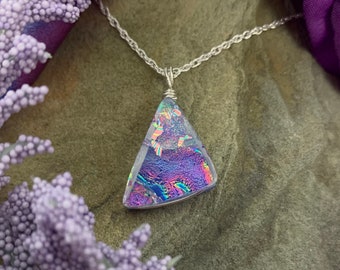 Provence ~ Beautiful Dichroic Glass Triangle Pendant in Shades of Pale Lavender with Magenta and Teal Accents