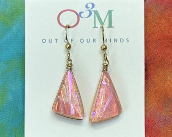 Bermuda ~ Dichroic Glass Triangle Dangle Earrings in Coral with Flashes of Gold and Magenta